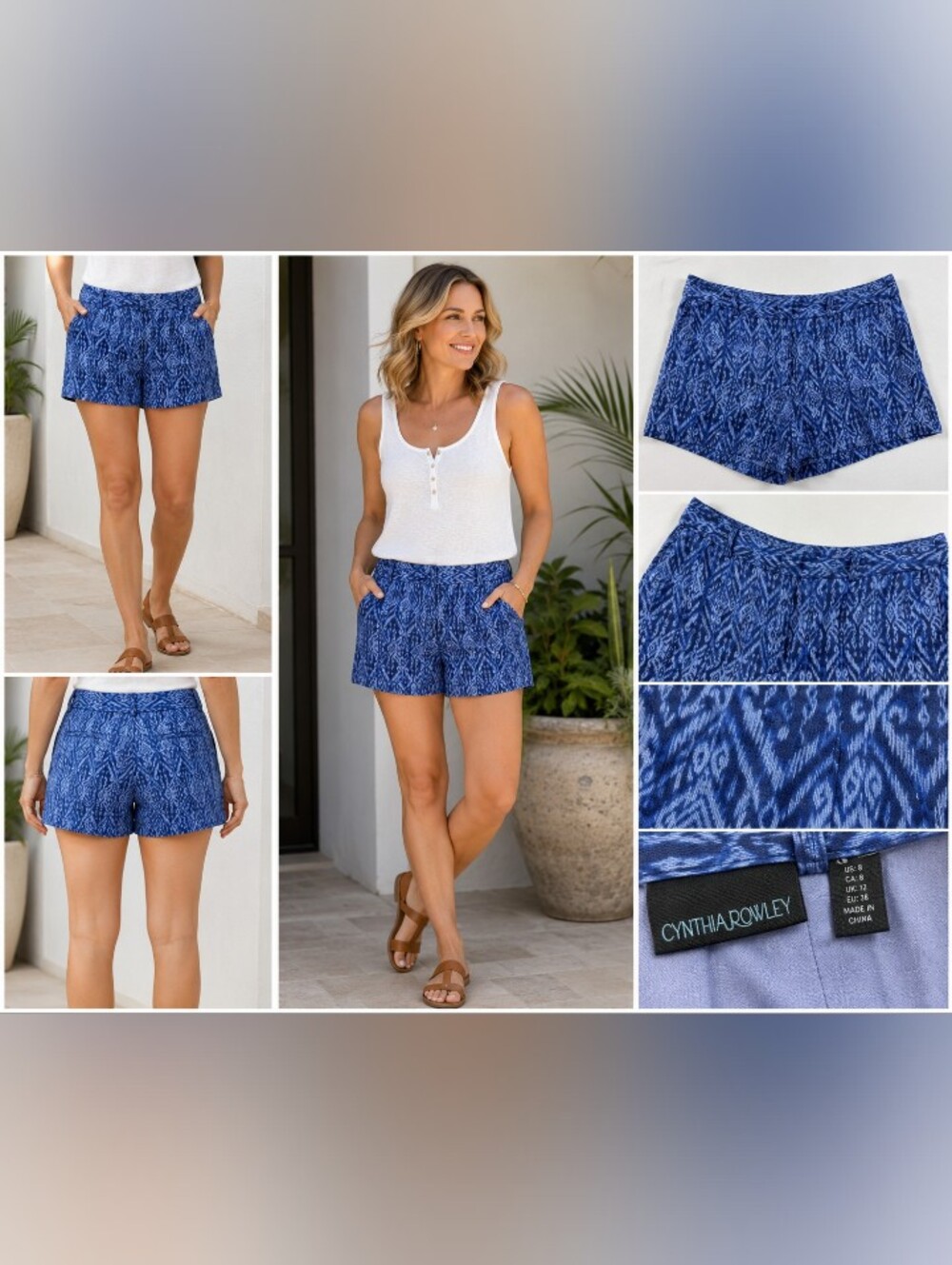 cynthia rowley 100% linen blue ikat print shorts women's size 8